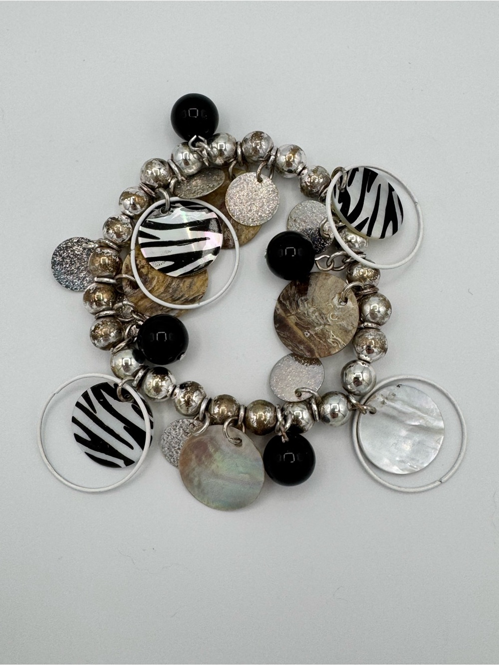 Silver Tone Black & White Charm Stretch Bracelet - Unbranded